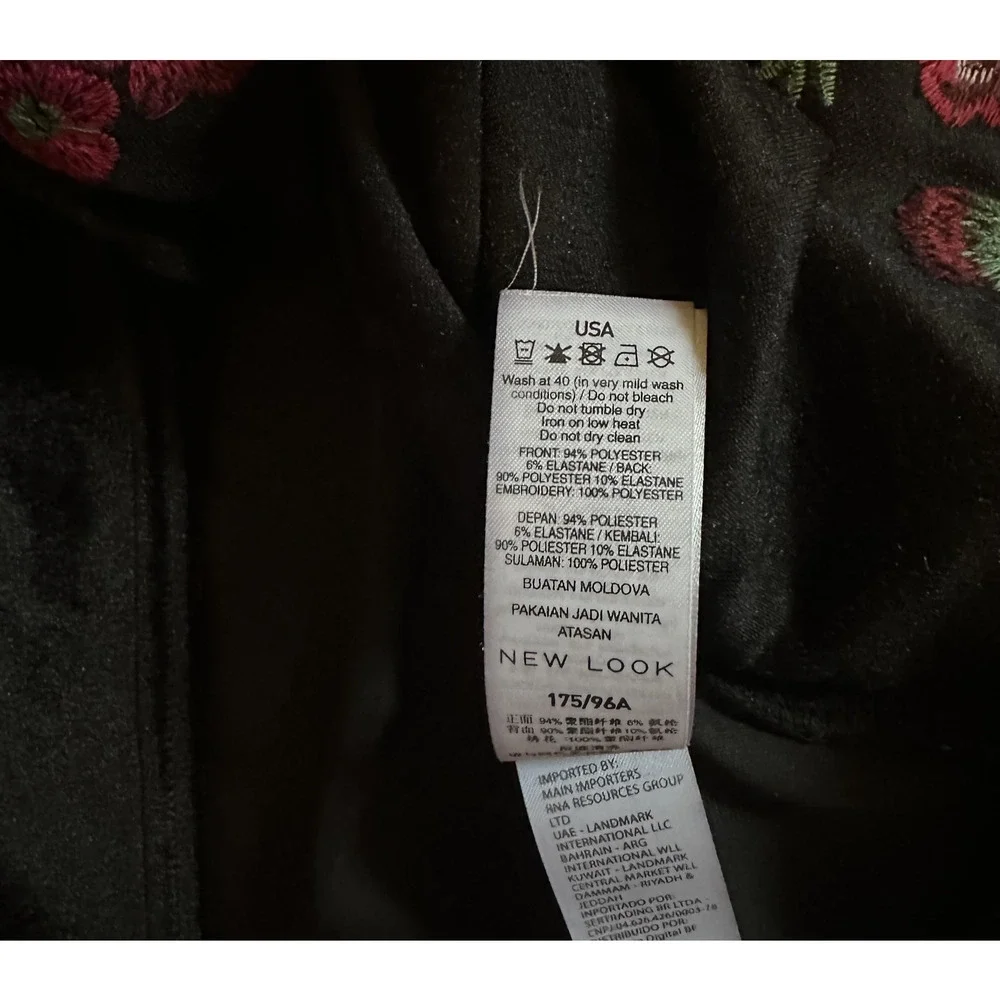 New Look Shirt Womens Medium Black Velvet Floral‎ Embroidered Boho Whimsigoth - Picture 5 of 7